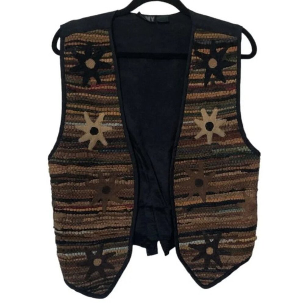 Vintage AJNY Woven Leather Star Vest Western Cowboy Cowgirl Waistcoat